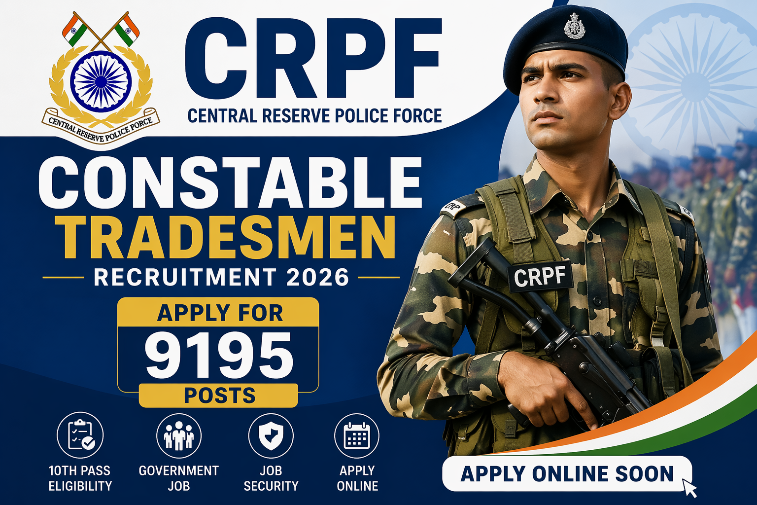 CRPF Constable Tradesmen Recruitment 2026: Apply for 9195 Posts